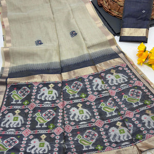 Beige Muga Cotton Silk Saree with Traditional Patola Woven Pallu Design
