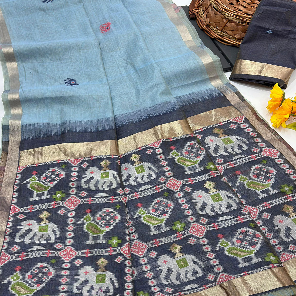 Blue Muga Cotton Silk Saree with Traditional Patola Woven Pallu Design