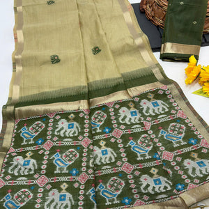 Green Muga Cotton Silk Saree with Traditional Patola Woven Pallu Design