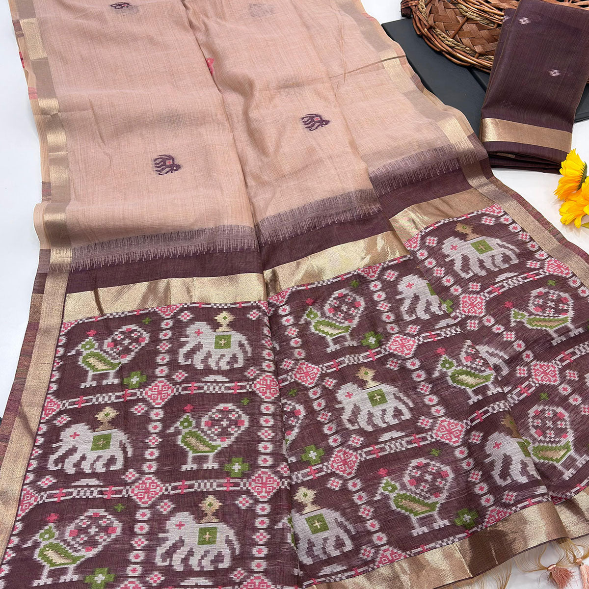 Peach Muga Cotton Silk Saree with Traditional Patola Woven Pallu Design