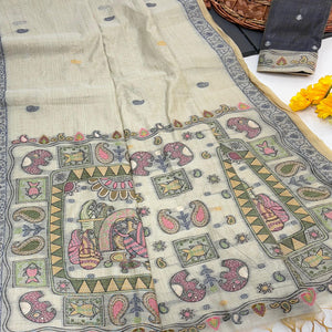 Beige Woven Muga Cotton Silk Saree In Kalamkari Motifs On Pallu