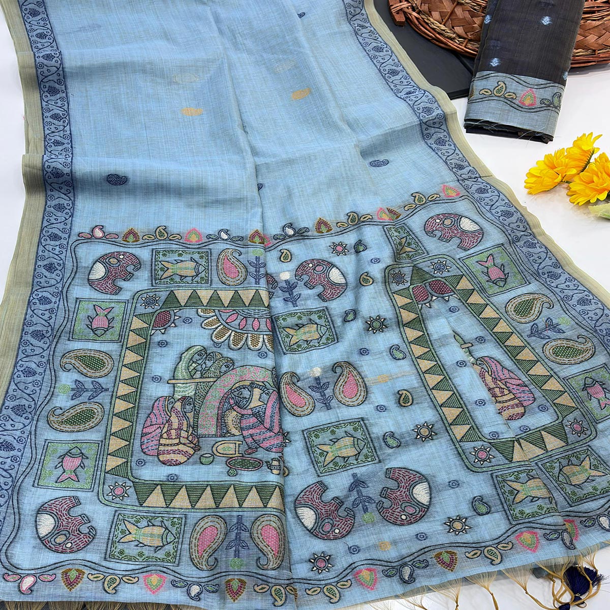 Blue Woven Muga Cotton Silk Saree In Kalamkari Motifs On Pallu