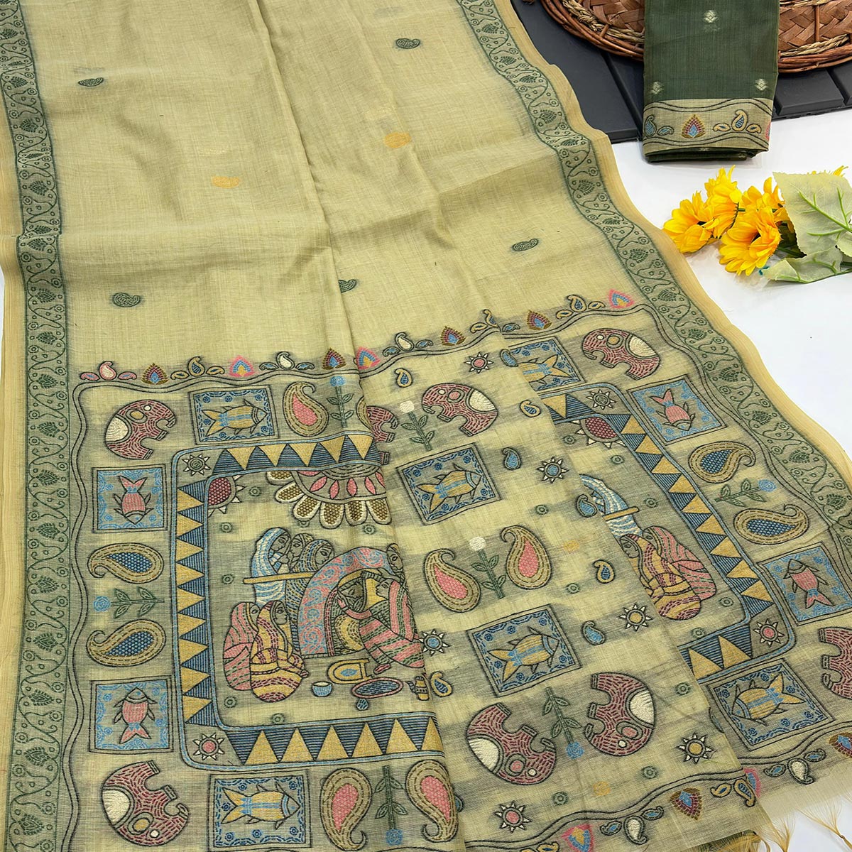 Green Woven Muga Cotton Silk Saree In Kalamkari Motifs On Pallu