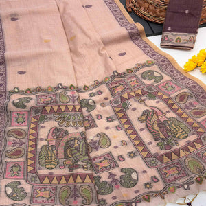 Peach Woven Muga Cotton Silk Saree In Kalamkari Motifs On Pallu