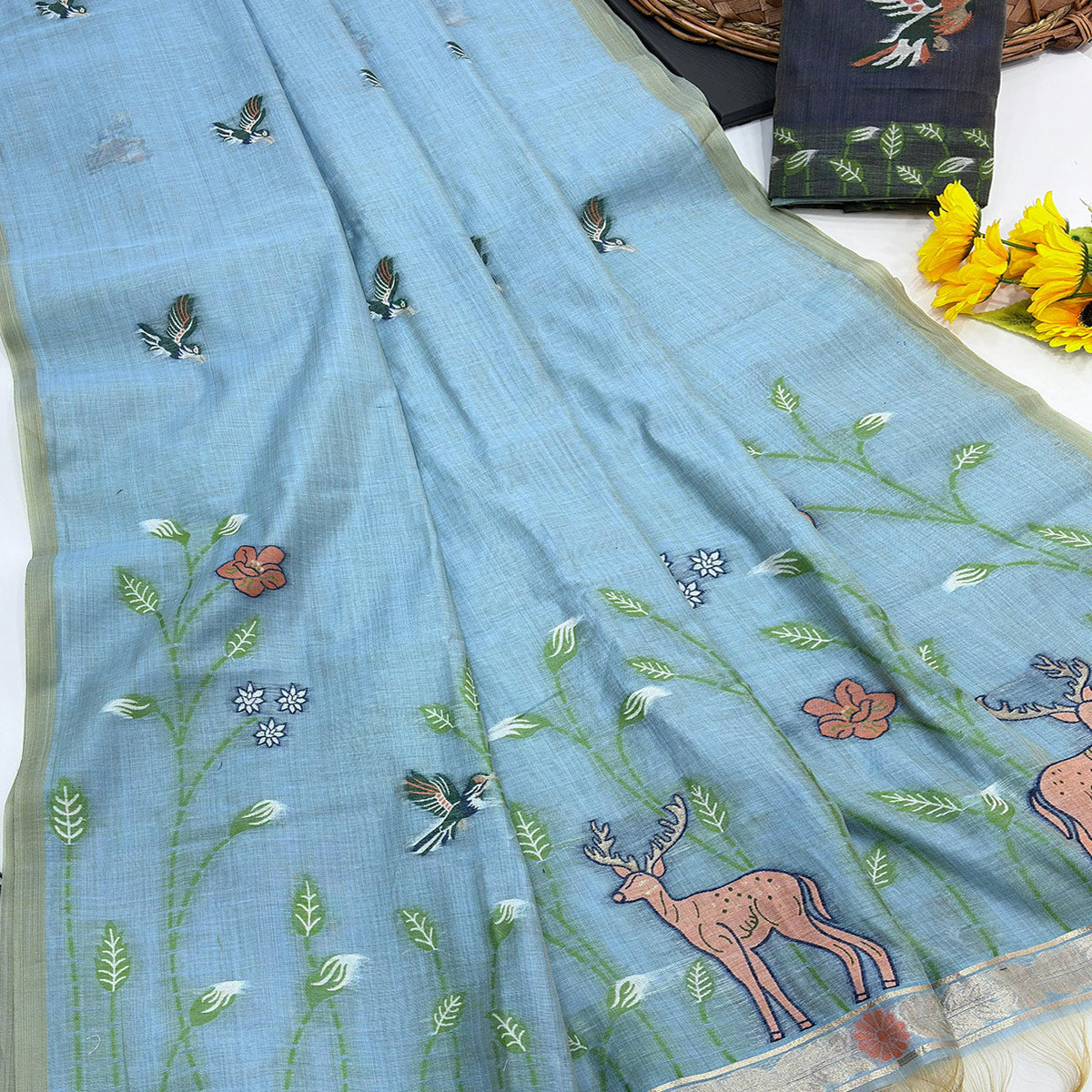 Blue Floral Handloom Muga Cotton Silk Saree with Artisanal Weave