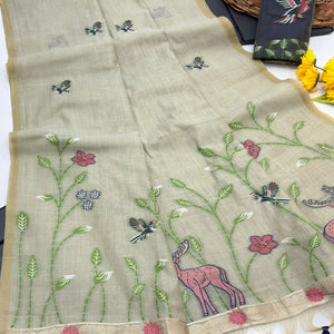 Sage Green Floral Handloom Muga Cotton Silk Saree with Artisanal Weave