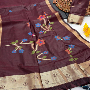 Burgundy Floral Handloom Muga Cotton Silk Saree with Traditional Charm