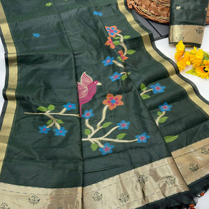 Green Floral Handloom Muga Cotton Silk Saree with Traditional Charm
