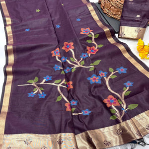 Wine Floral Handloom Muga Cotton Silk Saree with Traditional Charm