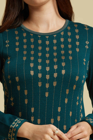 Dark Teal Floral Woolen Top Bottom Set