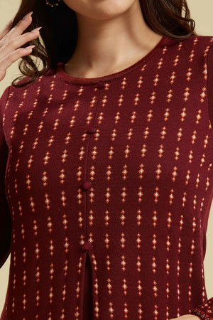 Wine Floral Woolen Top Bottom Set