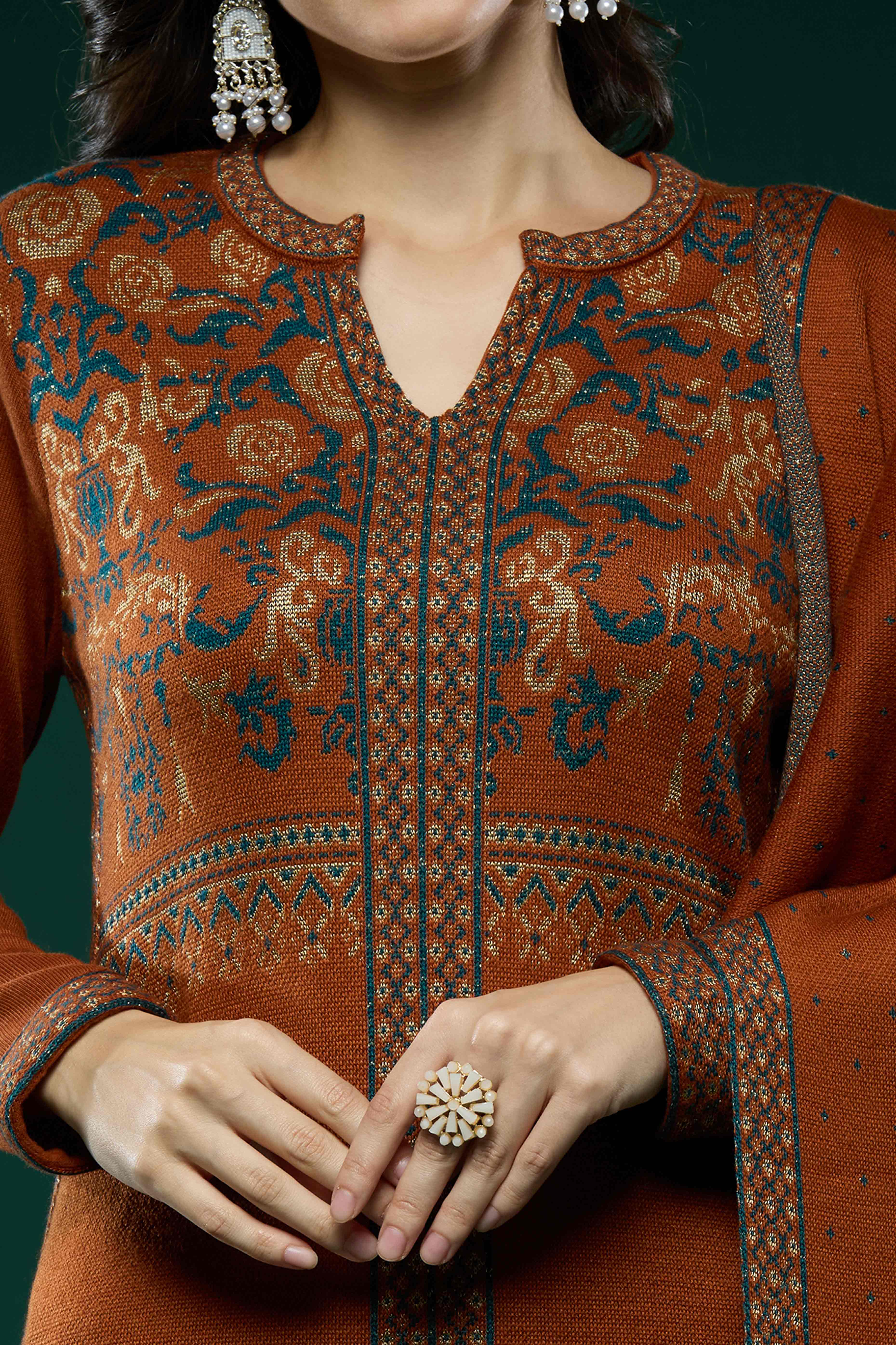 Dark Rust Floral Woolen Salwar Suit