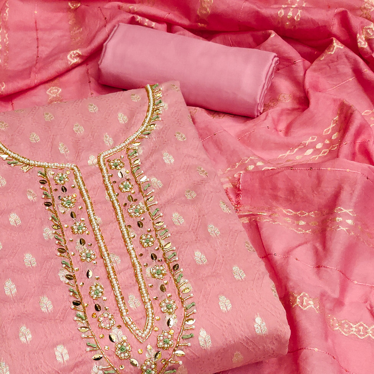 Pink Woven With Handwork Jacquard Dress Material