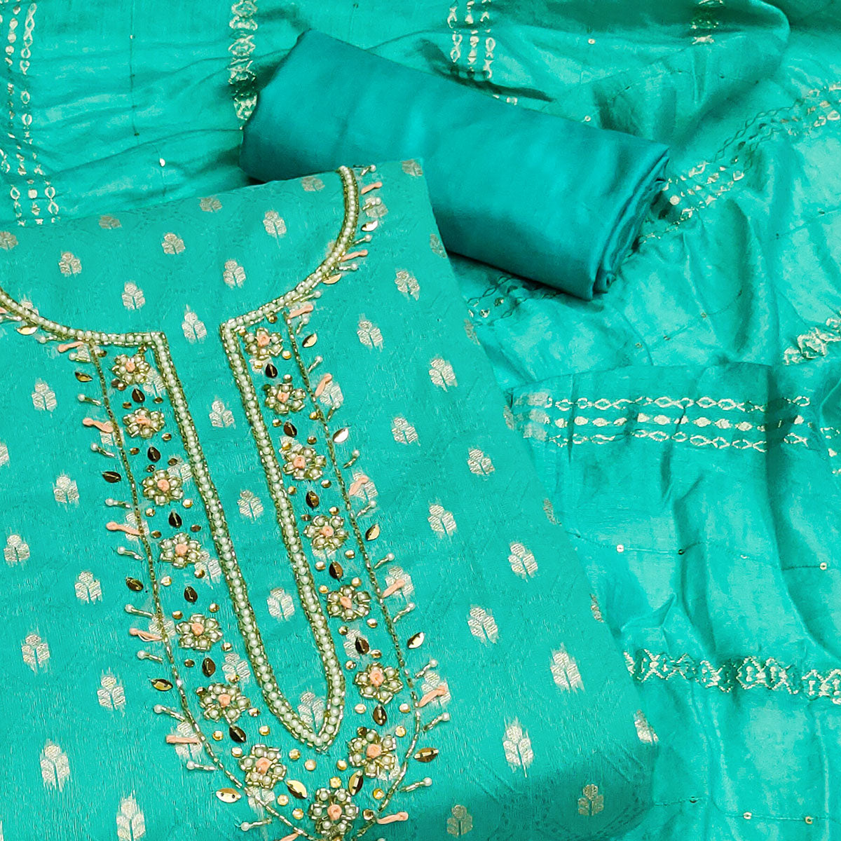 Turquoise Woven With Handwork Jacquard Dress Material