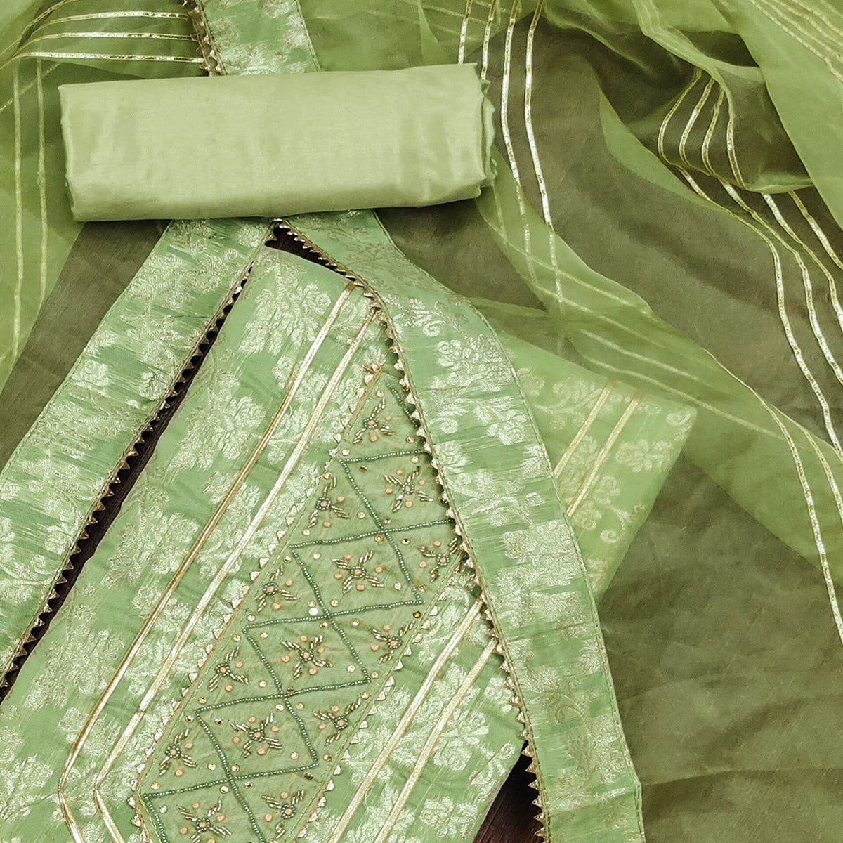 Green Woven With Handwork Jacquard Dress Material