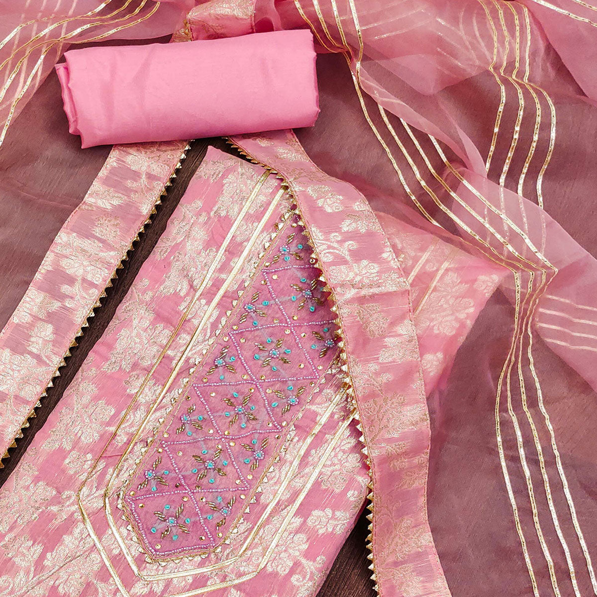 Pink Woven With Handwork Jacquard Dress Material
