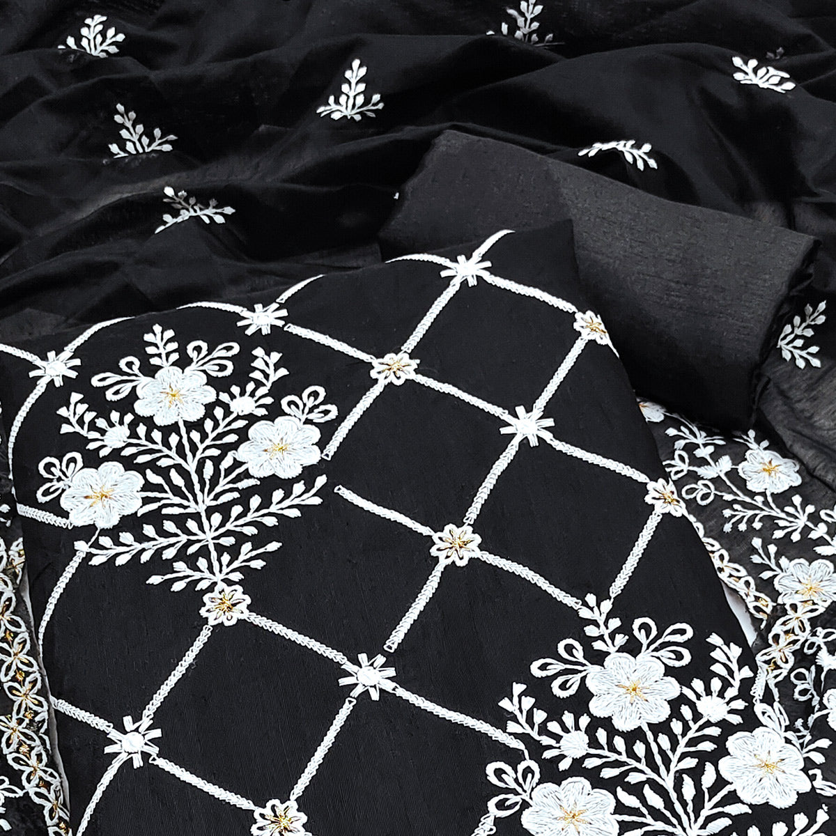 Black Floral Embroidered Chanderi Cotton Dress Material