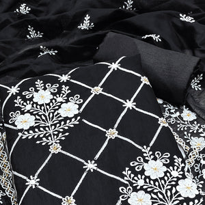 Black Floral Embroidered Chanderi Cotton Dress Material