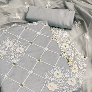 Grey Floral Embroidered Chanderi Cotton Dress Material