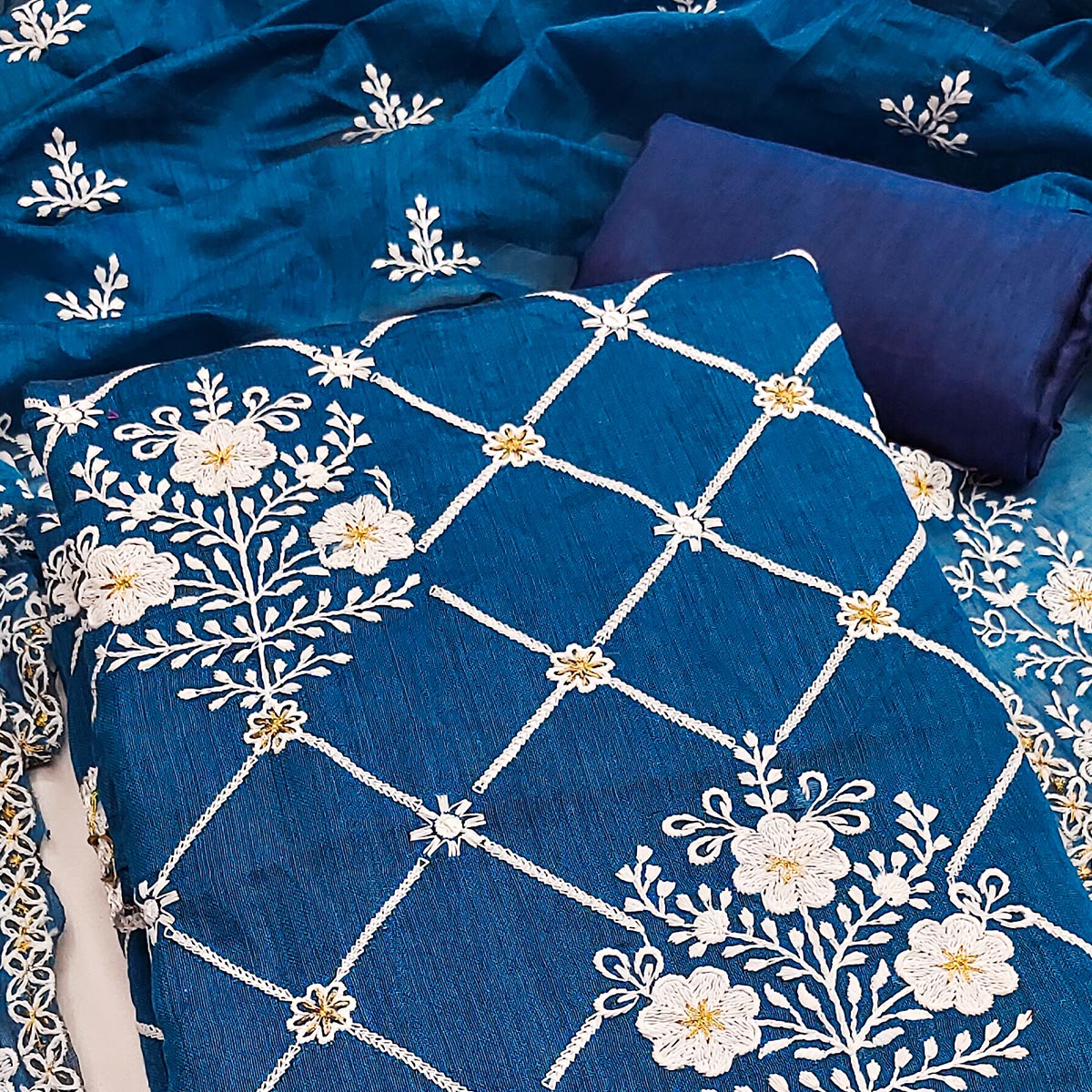 Indigo Blue Floral Embroidered Chanderi Cotton Dress Material