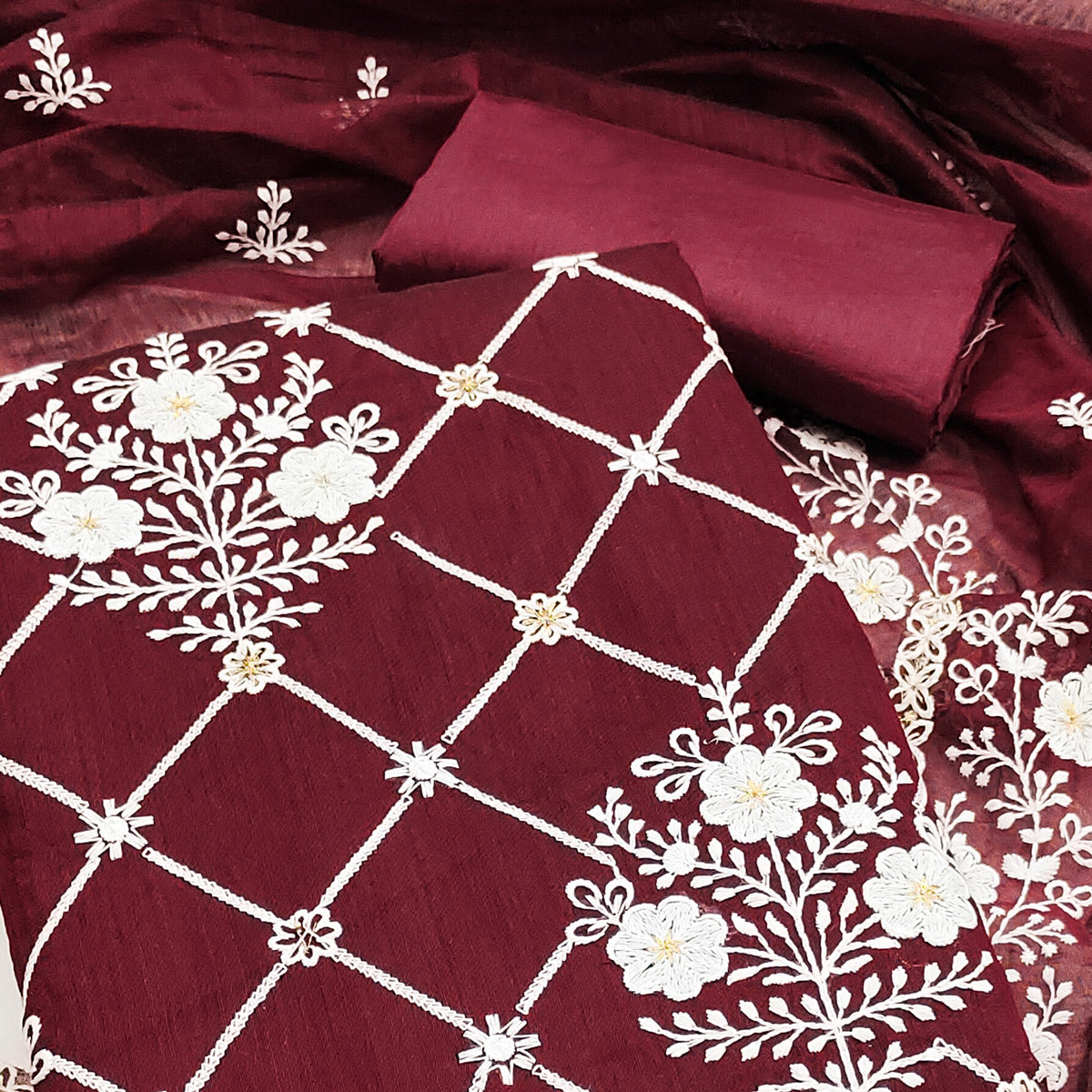 Maroon Floral Embroidered Chanderi Cotton Dress Material