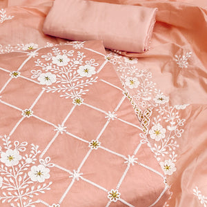 Peach Floral Embroidered Chanderi Cotton Dress Material