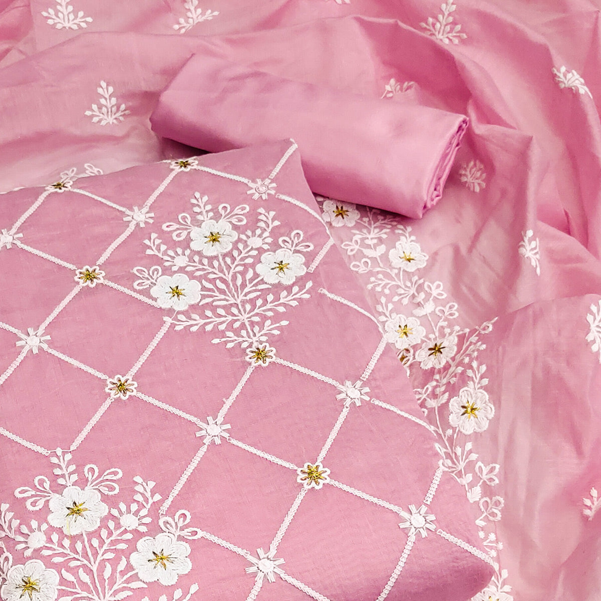 Pink Floral Embroidered Chanderi Cotton Dress Material