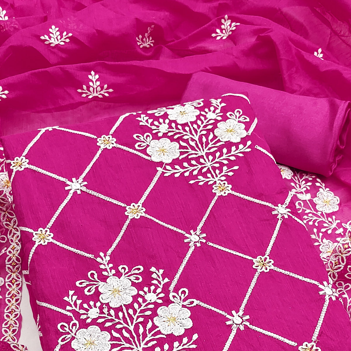 Rani Pink Floral Embroidered Chanderi Cotton Dress Material