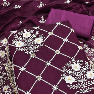 Wine Floral Embroidered Chanderi Cotton Dress Material
