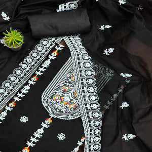 Black Floral Embroidered Chanderi Cotton Dress Material