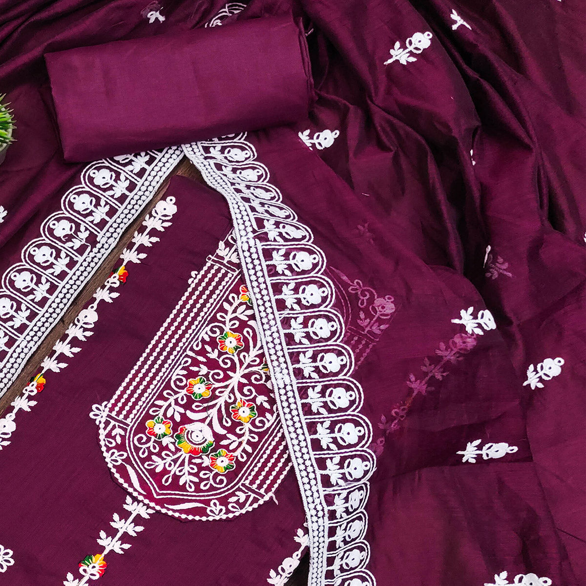 Purple Floral Embroidered Chanderi Cotton Dress Material