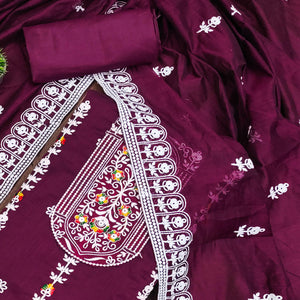 Purple Floral Embroidered Chanderi Cotton Dress Material