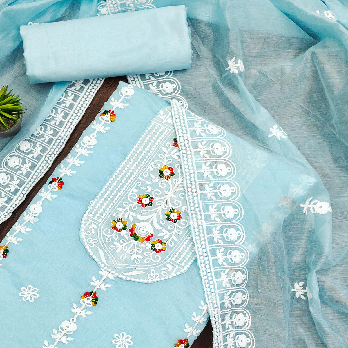 Sky Blue Floral Embroidered Chanderi Cotton Dress Material