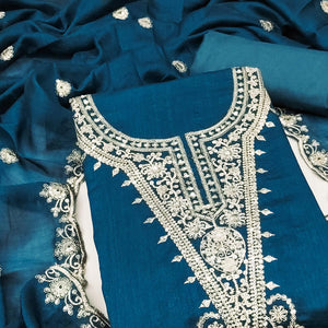 Elegant Blue Floral Embroidered Dress Material In Vichitra Silk With Sequins Detailing