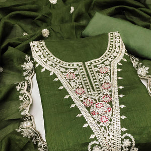 Elegant Green Floral Embroidered Dress Material In Vichitra Silk With Sequins Detailing
