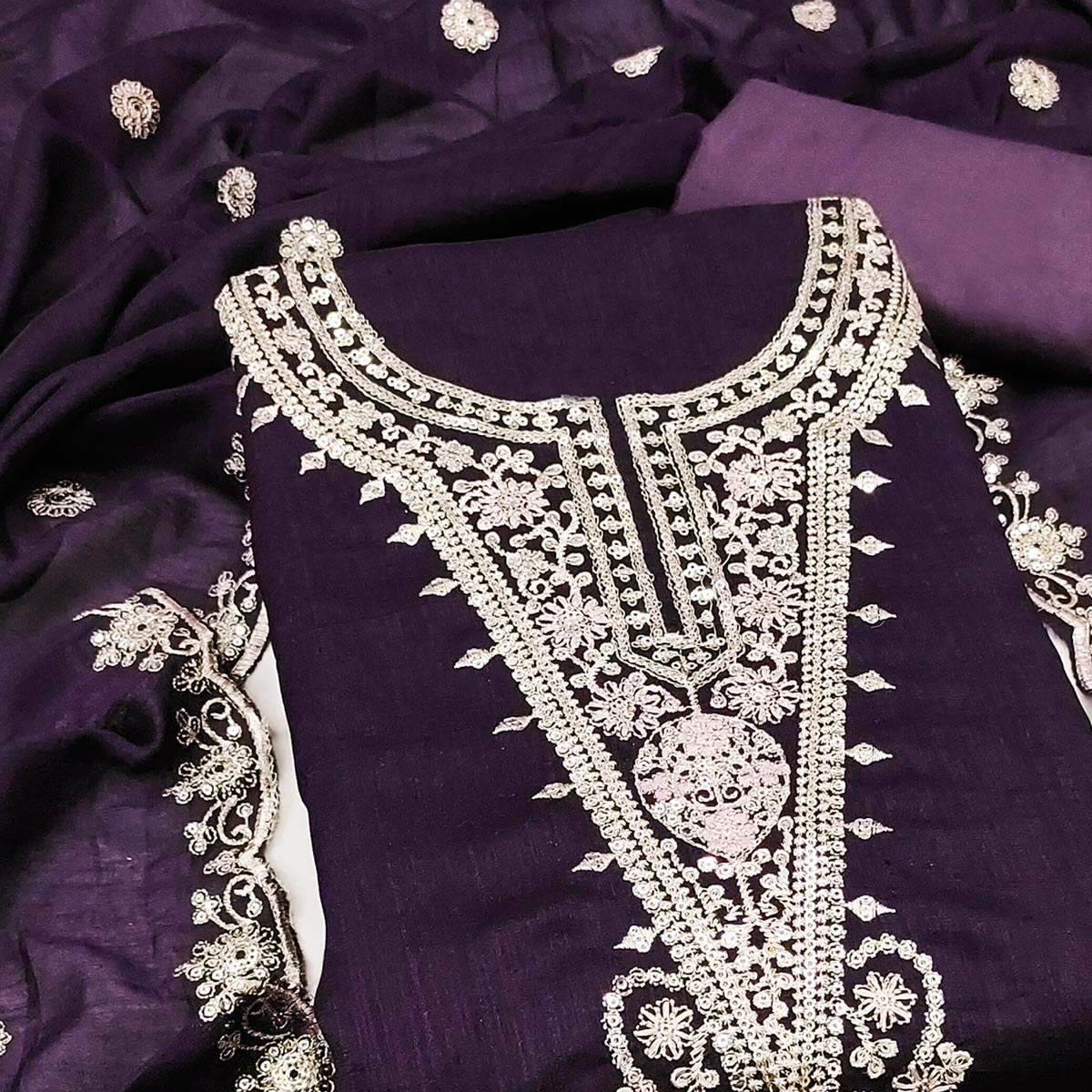 Elegant Purple Floral Embroidered Dress Material In Vichitra Silk With Sequins Detailing