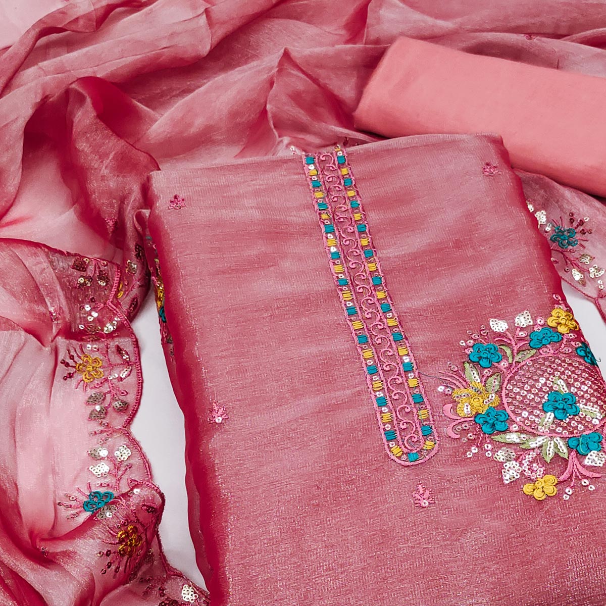 Graceful Pink Silk Blend Dress Material Featuring Exquisite Floral Embroidery & Sequins Accents