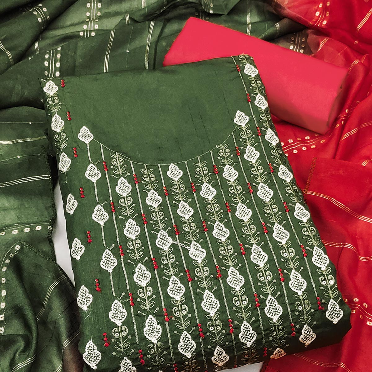 Elegant Green Floral Thread & Sequins Embroidered Silk Blend Dress Material