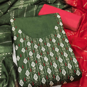 Elegant Green Floral Thread & Sequins Embroidered Silk Blend Dress Material