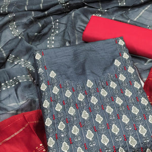 Elegant Grey Floral Thread & Sequins Embroidered Silk Blend Dress Material