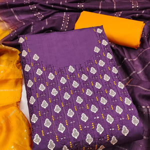 Elegant Purple Floral Thread & Sequins Embroidered Silk Blend Dress Material