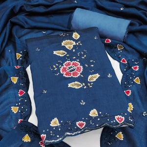 Graceful Blue Vichitra Silk Dress Material Adorned With Floral Thread Embroidery & Sequins Work