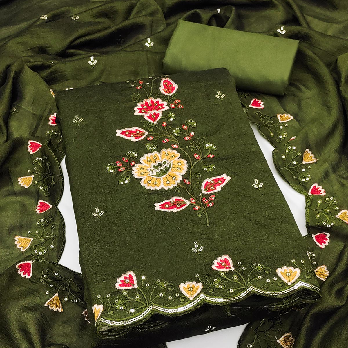 Graceful Green Vichitra Silk Dress Material Adorned With Floral Thread Embroidery & Sequins Work