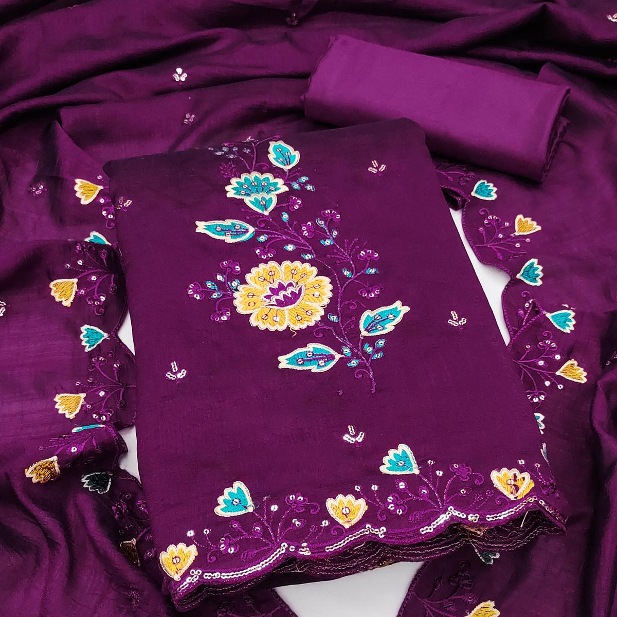 Graceful Purple Vichitra Silk Dress Material Adorned With Floral Thread Embroidery & Sequins Work