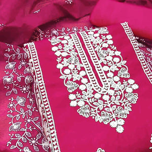 Dark Pink Cotton Blend Unstitched Suit Set Highlighted with Soft Floral Embroidery