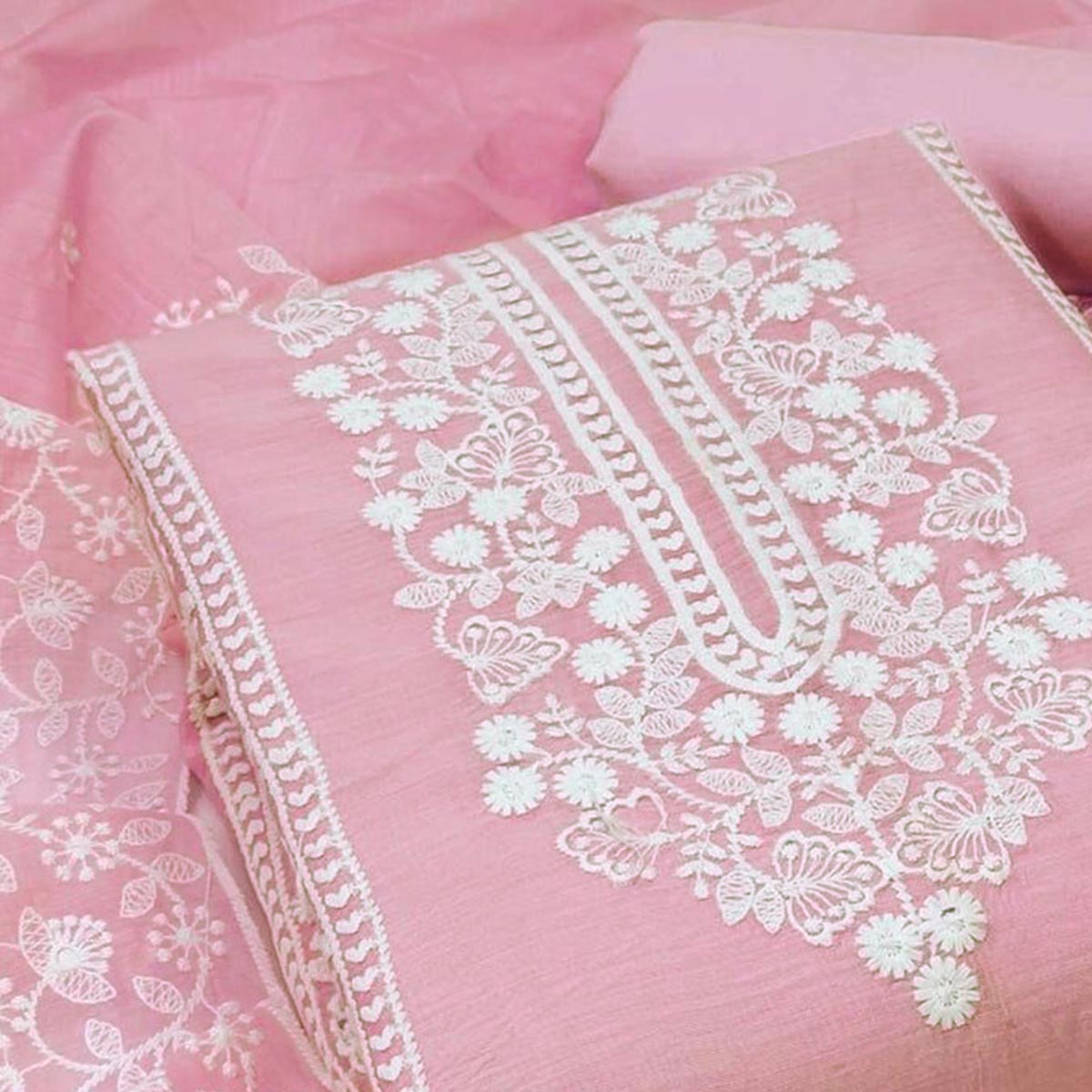 Light Pink Cotton Blend Unstitched Suit Set Highlighted with Soft Floral Embroidery