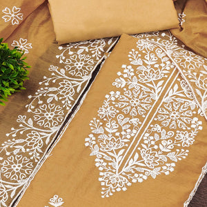 Beige Cotton Blend Unstitched Suit Material with Soft Floral Embroidery Work