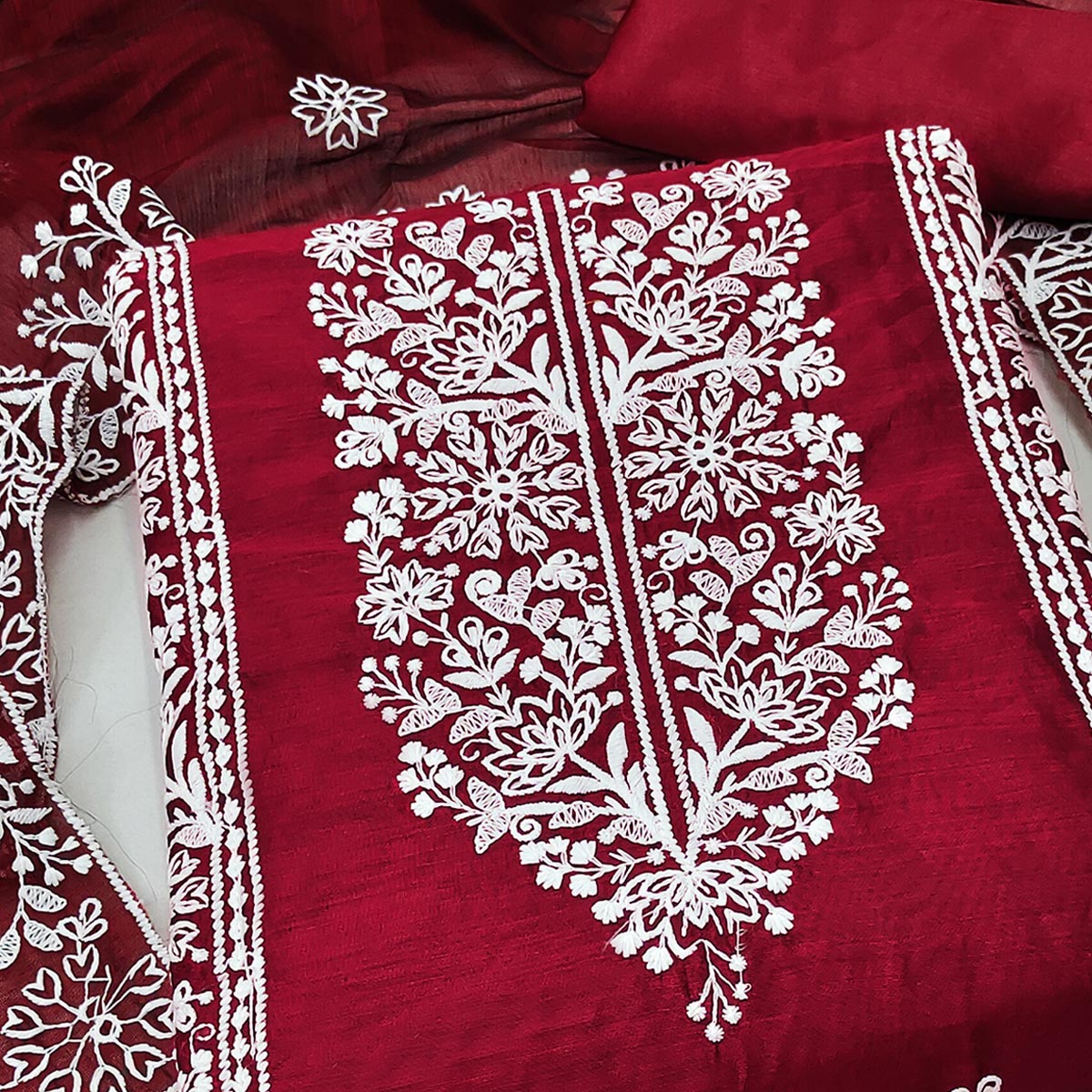 Maroon Cotton Blend Unstitched Suit Material with Soft Floral Embroidery Work