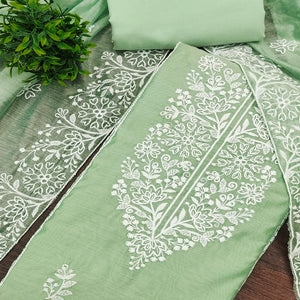 Pista Green Cotton Blend Unstitched Suit Material with Soft Floral Embroidery Work