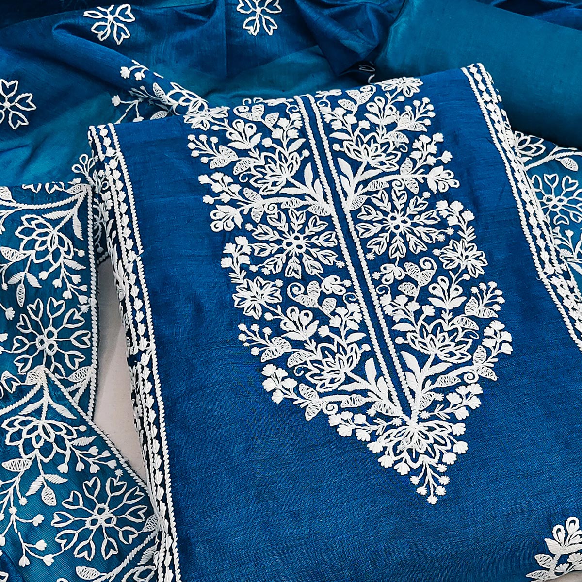 Teal Cotton Blend Unstitched Suit Material with Soft Floral Embroidery Work